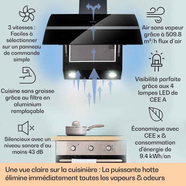 Klarstein Clara Hotte Aspirante 90cm, pour Cuisine Inclinées, Filtre en Aluminium, Débit d'Air Puissant 509 m³/h, Eclairage à LED, Efficacité Classe A, Efficace avec Evacuation