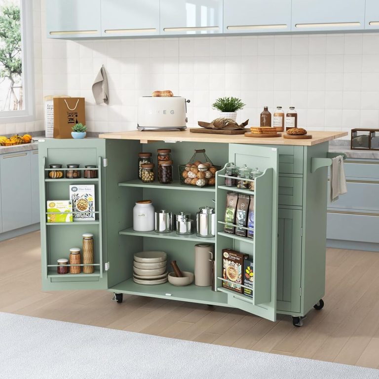 Îlot De Cuisine Mobile Avec Plateau Extensible - 4 Roues, 4 Portes, 2 Tiroirs, Finition Bois, Dimensions 140x72x93 Cm