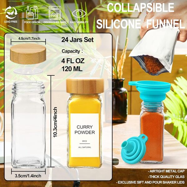 AISIPRIN Lot de 24 pots à épices en verre avec couvercles hermétiques en bambou et 398 étiquettes, conteneurs carrés vides de 118 ml – Couvercles, entonnoir, brosse et marqueur inclus, Claire