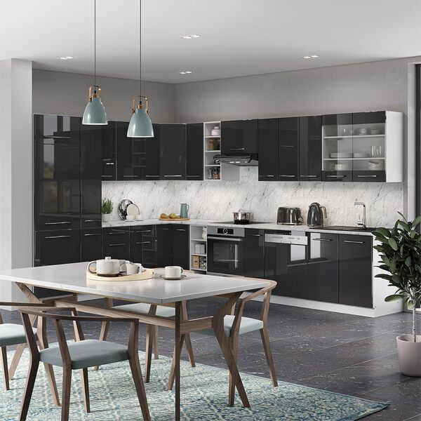 Vicco Cuisine en Angle Fame-Line, Anthracite Brillant/Blanc, 257 x 60 cm, PT Anthracite