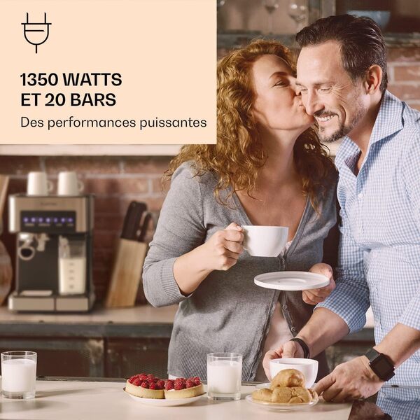 Klarstein Petite Cafetiere avec Mousseur de Lait, 1.8L, Machines à Café et expresso 20 Bar, Electrique Acier Inoxydable 1350W Café Moulu, Qualite Barista