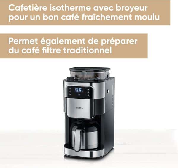 SEVERIN Cafetière avec broyeur intégré 1 000 W, Machine à café programmable avec minuteur, Cafetière filtre avec verseuse isotherme d'une contenance de 8 tasses, Noir/Inox, KA 4814