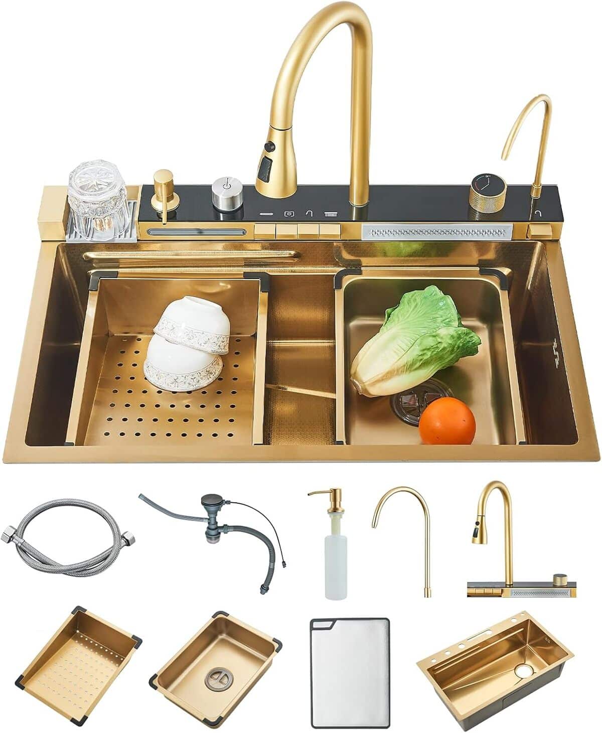 Test de l'évier de cuisine Hevenaov en acier inoxydable or brossé