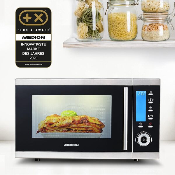 MEDION Four micro onde avec gril (25 L, 900 W, grill 1100 W, air chaud 2500 W, 10 programmes automatiques, MD 15501) argenté