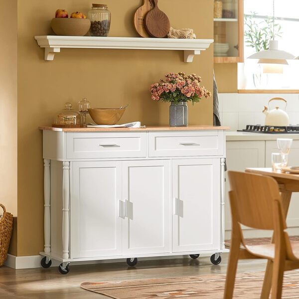 SoBuy FKW116-WN Desserte sur roulettes, Chariot de Cuisine, Chariot de Service, Buffet Placard Armoire Cuisine, îlot Cuisine, Meuble de Rangement à roulettes avec 2 Tiroirs et 3 Portes, 117x40x91 cm