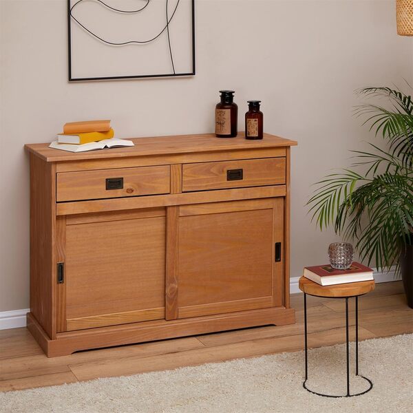 IDIMEX Buffet Savona bahut vaisselier Commode avec 2 tiroirs et 2 Portes coulissantes, en pin Massif lasuré Brun