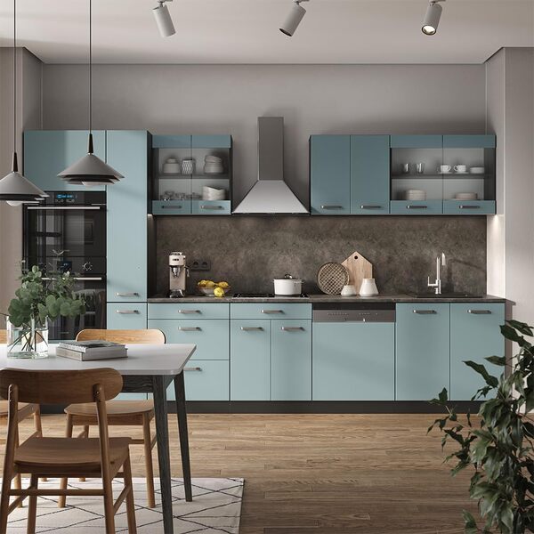 Vicco Cuisine R-Line, Bleu-Gris/Anthracite, 350 cm avec Armoire Haute, sans Plan de Travail