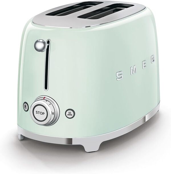 Smeg, Grille-pain 2 Tranches TSF01PGEU, 2 Fentes 36 mm, 6 Niveaux de Brunissage, Fonction Chauffage, Décongélation et Bagel, Éjection Automatique du Pain, Ramasse Miettes, 950 W, Vert Pastel