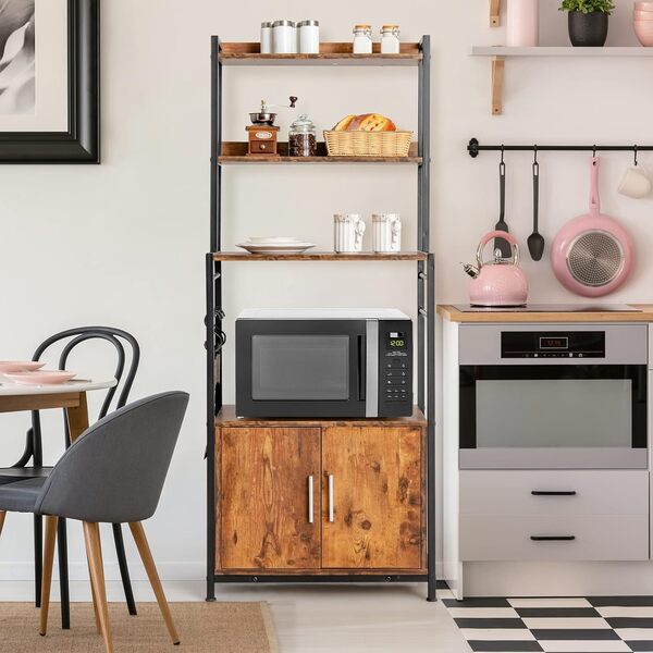 KOMFOTTEU Étagère de Cuisine à 4 Étagères, Étagère de Sol avec Armoire à Porte et 3 Crochets, Étagère Verticale en Bois et Métal, Style Vintage, 60 x 40 x 150 cm