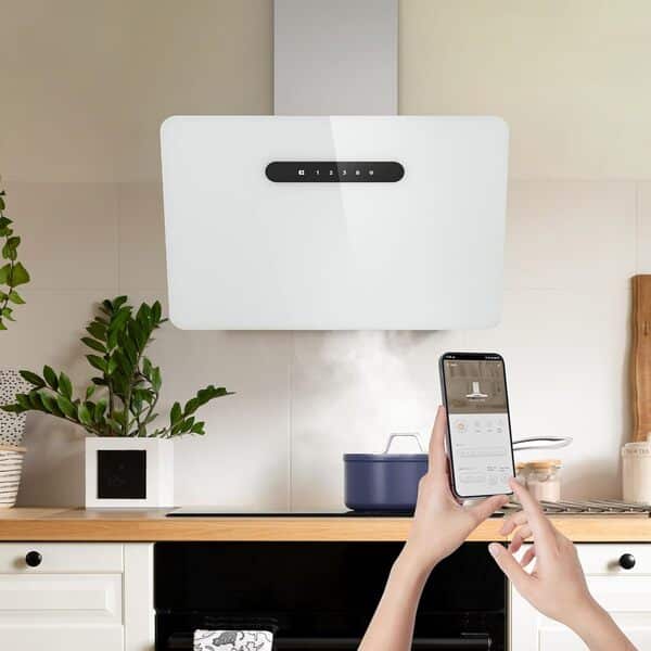 Ciarra Hotte Aspirante 60cm 650m³/h - Classe A+++ - WiFi APP Connectée - Hotte de Cuisine Inclinée - 3 Vitesses - Filtres à Charbon Inclus - Evacuation ou Recyclage - Blanche - CBCW6736K [Classe énergétique A+++]