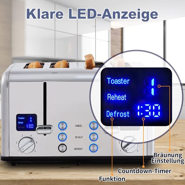 Grille-pain CUSIMAX 4 tranches Affichage LED avec fente extra large, 6 commandes de couleur de brunissement, décongélation, réchauffage, annulation, ramasse-miettes amovible, acier inoxydable argenté
