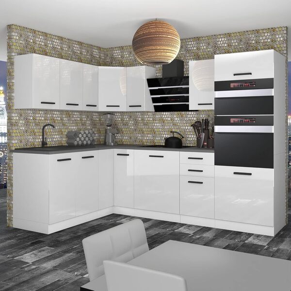 Belini Cuisine Équipée Mélanie - L-Forme Avec Plan de Travail, Blanc Très Brillant