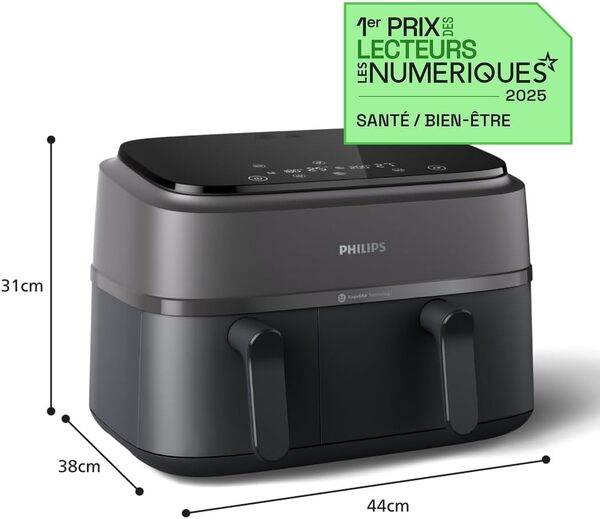 Philips Air Fryer Série 3000 Double Panier, 9 litres, 2 tiroirs, Kit petit-déjeuner, Technologie Rapid Air, 99% de matières grasses en moins, Economies d'énergie, Application HomeID (NA350/03)