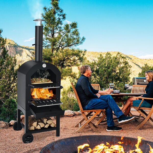 KOMFOTTEU Four à Pizza pour l'Extérieur, 2 Niveaux, 200℃-350℃, Four en Bois portable en Fer, Mini-four avec Pierre à Pizza, Spatule à Pizza, Grille, Couvercle étanche, pour Fêtes, Barbecues