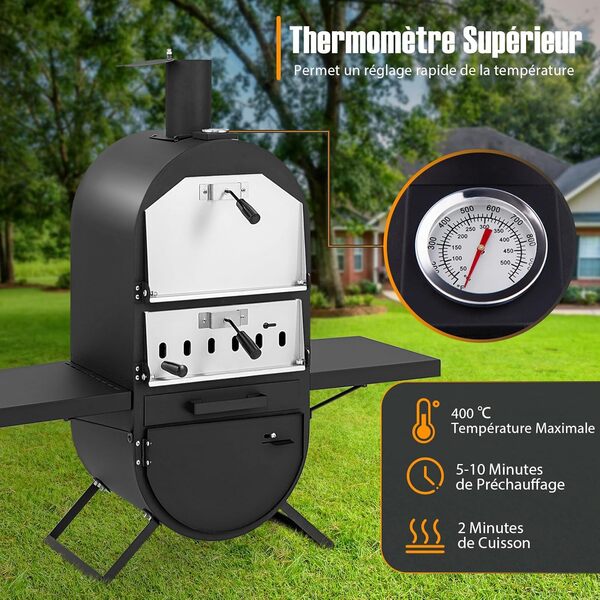 GYMAX Four à Pizza à Bois de 2 Couches, Four à Pizza Extérieur, Cuisson Facile avec Thermomètre, Température Max. 400℃, avec Gril de Barbecue, Pierre à Pizza, Pelle à Pizza, Housse de Protection