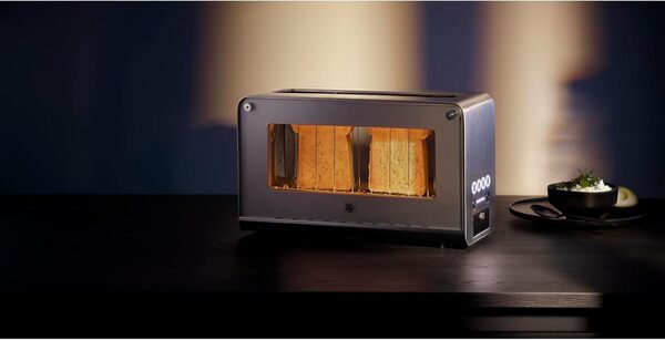 WMF Lono Grille-pain vitré avec grille réchauffe-viennoiseries, 2 tranches, XXL, support motorisé, fonction réchauffage, 7 niveaux de brunissage, grille-pain en acier inoxydable mat