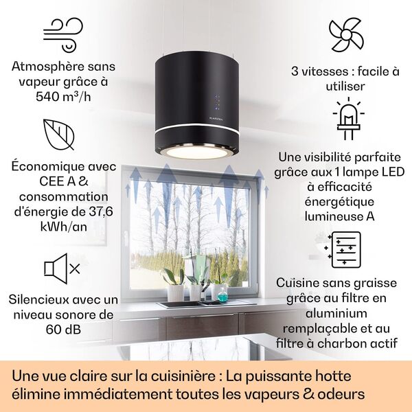 KLARSTEIN Tron Ambience - Hotte aspirante, sans évacuation, Installation suspendue, 540 m³/h, Anneau LED lumineux, 3 niveaux de puissance, Contrôle simple, 2 filtres à charbon actif - Noir [Classe énergétique A]