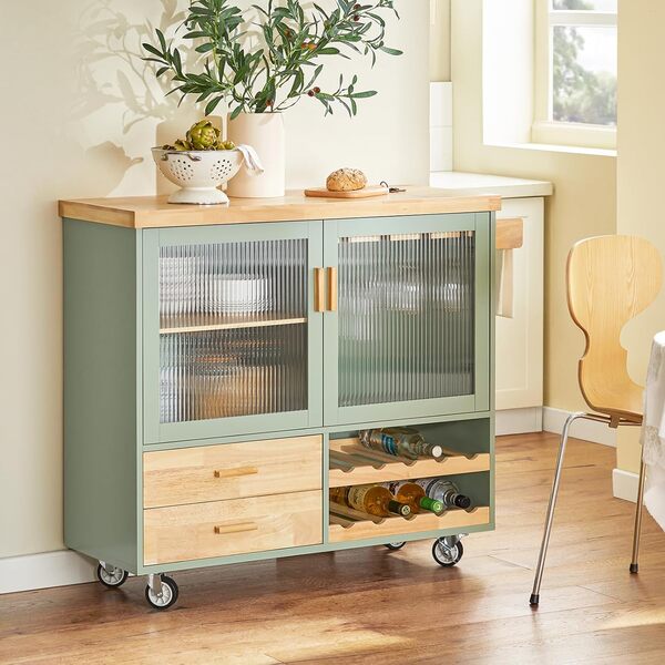 SoBuy Desserte de Cuisine sur roulettes Îlot Central de Cuisine Chariot de Cuisine Buffet avec Plateau en Bois d'Hévéa, 2 Portes, 2 Tiroirs et Porte-Bouteilles à 2 Niveaux Vert 109x38x92cm, FKW114-GR