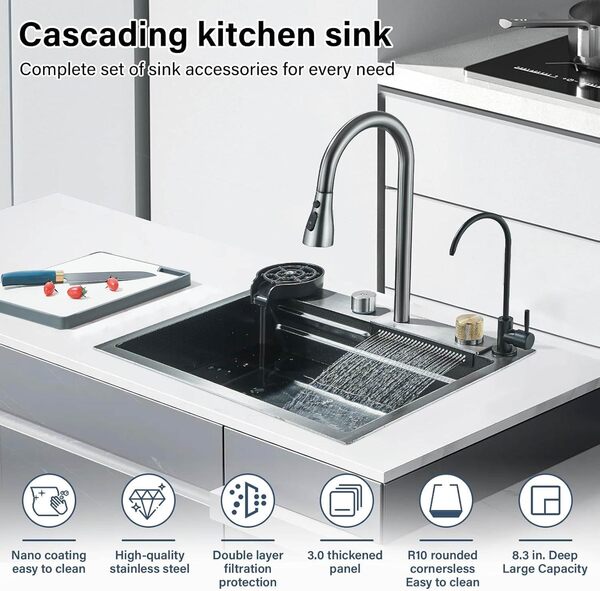 JUNSOTTOR Évier de Cuisine Cascade Multifonctionnel,Éviers de Cuisine en Acier Inoxydable,Evier de Cuisine Nano Raindance Noir 1 Bac avec Robinetterie Extractible Rinceuse en Verre(60x45cm)