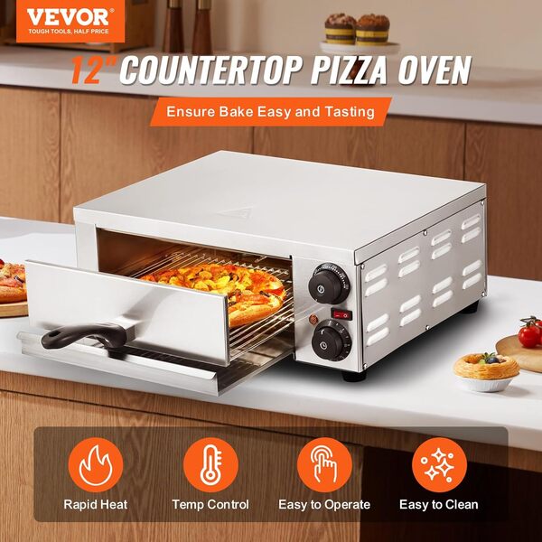 VEVOR Four à Pizza de Comptoir, Four Électrique 12 po 1500 W, avec Contrôle de la Température et Minuterie 0-120 min, Cuisson Uniforme, Facile à Nettoyer, Commercial Domestique, Restaurant Maison