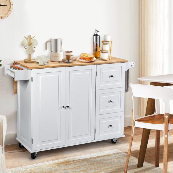 Giantex Desserte à roulettes Cuisine 85 CM, Chariot de Cuisine en Bois avec Placard Étagère sur 3 Niveaux et Support à Épice, îlot Central Cuisine avec Grand Tiroir et Planche