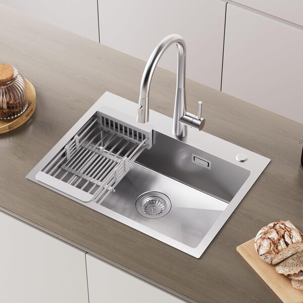 CECIPA Évier Cuisine1 Bac avec Égouttoir et Siphon, Évier de Cuisine 60x45 cm, Évier Inox Brossé 304 en Carré, Évier Encastré avec 2 Trous de Robinetterie, Évier Exterieur pour Camping Car