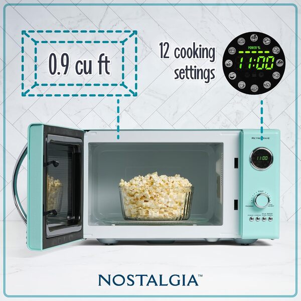 Nostalgia Four à Micro-Ondes de Comptoir Rétro - Grand 800 Watts - 25,4 L - 12 Réglages de Cuisson Préréglés - Horloge Numérique - Appareils de Cuisine - Aqua [Classe énergétique A+]