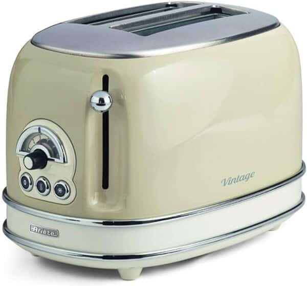 Ariete Vintage 155 Grille-Pain design 2 Tranches avec Pince, 6 Niveaux de Grillage, Beige Pastel & Vintage 2877 Bouilloire Électrique Design, 2000 W, 1,7 L, en Acier Inoxydable, Beige Pastel