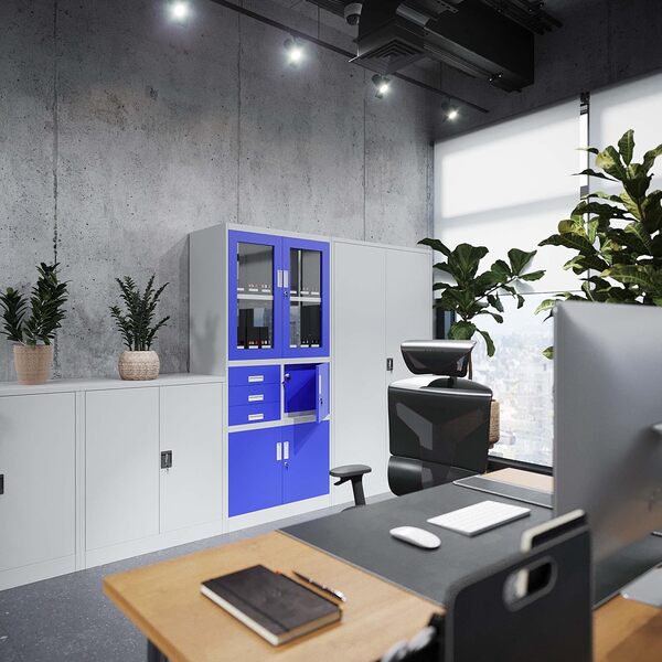 Jan Nowak Set de 4 Armoire de Bureau métallique 4 étagères tôle d'acier revêtement en Poudre 195 cm x 90 cm x 40 cm (Gris)