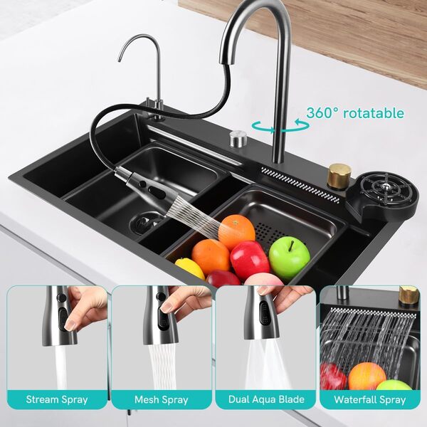 Fulgutonit Évier de Cuisine Cascade, Evier multifonction de Cuisine en Acier Inoxydable, Noir Gris Evier Cuisine Cascade Avec Rinceuse Tasses Robinet Extractible & 4 Modes de Pulvérisation, 75x46CM