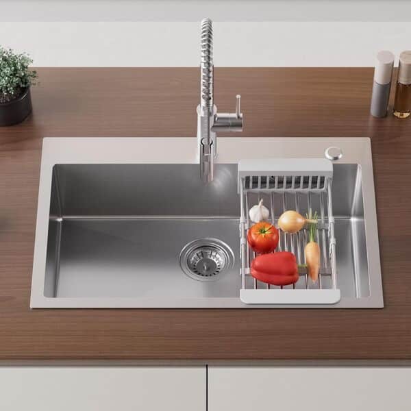 CECIPA 70×45CM Evier Cuisine 1 Bac avec Panier d'Égouttage Rétractable, Grand Evier Inox 1 Bac à Poser pour Meuble de 70cm et Plus, Evier Cuisine Gaufré Argent avec Siphon & Trop-Plein et Egouttoir