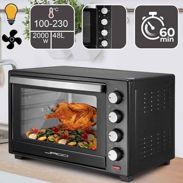 Jago® Mini Four Electrique - avec Convection, 48 Litres, 6 Modes, 100-230º, 2000W, Acier Inoxydable, Portable - Mini Foyer Chaleur Tournante, Cuisinière Posable
