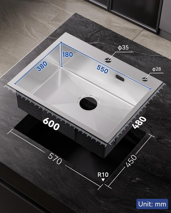 Sofetiy Évier de Cuisine Inox Rectangulaire 60×48cm - 1 Bac Moderne SUS 304 avec Siphon - Pour Meuble Bas à Partir de 60 cm
