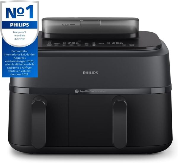 Philips Air Fryer Série 5000 Double Panier avec cuisson vapeur - 9L, RapidAir Plus, 19 modes de cuisson, 90% de matières grasses en moins, AirSteam, nettoyage à la vapeur, accessoires (NA550/00)