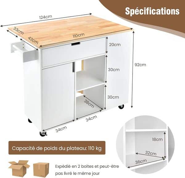COSTWAY Ilot Central Cuisine Plateau en Bois d'Hévéa Pliable, Desserte à roulettes Porte-Serviettes Porte-épices, Meuble de Rangement Tiroir Armoire à Portes Étagère Ouverte 124x76x92 cm, Blanc