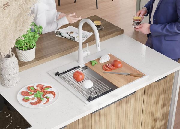 Evier Cuisine en Granit Blanc 58x50cm, Lavabo 1 bac + Kit de Vidage + Accessoires de cuisine, Évier à Encastrer au meuble 60cm - Oslo Top de Primagran
