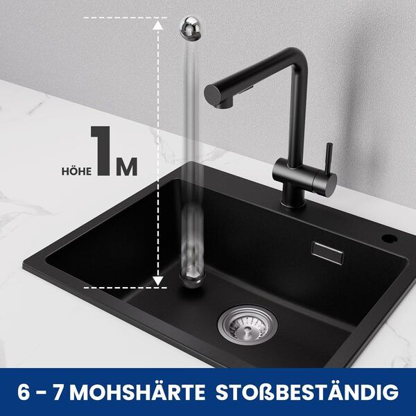 CECIPA Evier Cuisine Noir 55x45cm, 80% Sable Quartz, Évier En Granit, 1 Bac À Encastrer, Évier Cuisine Avec Siphon & Trop-Plein, CNC0603