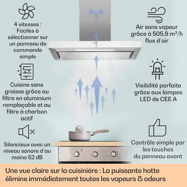 Klarstein Hotte Aspirante 90cm, Hottes de Cuisine, Filtre de Hotte à Graisse en Aluminium, Débit d'Air Puissant 577 m³/h et Silencieux, Eclairage LED, Hottes Aspirantes Dégraissante, Contrôle APP