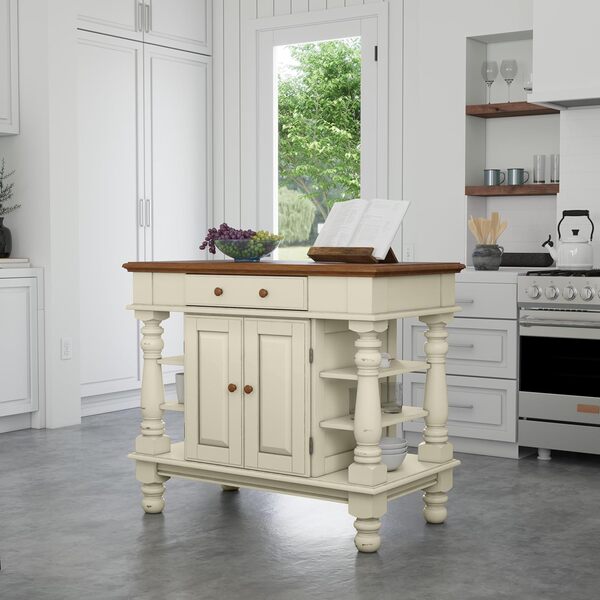Homestyles Îlot de cuisine Americana, îlot de cuisine stationnaire blanc cassé avec rangement et dessus en bois dur