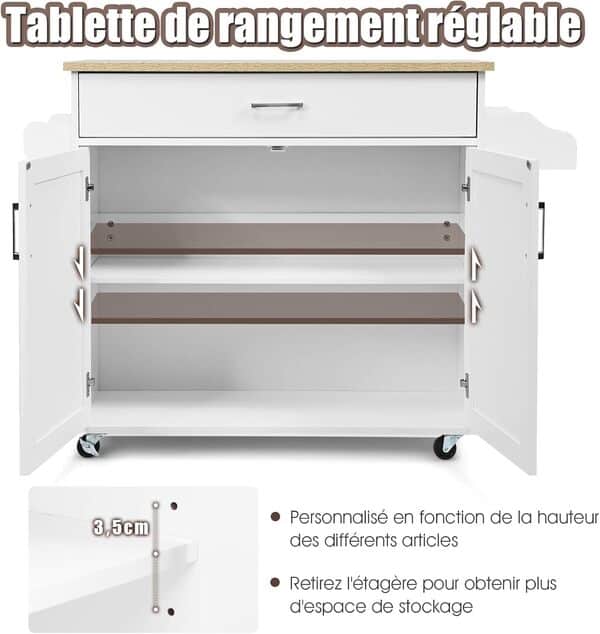 COSTWAY Dessert de Cuisine à roulettes Verrouillables, Ilot Central Cuisine Étagère Réglable sur 3 Niveaux, Grand Placard, Tiroir, Porte-épices et Porte-Serviettes, 40 x 116 x 85 cm (Blanc)