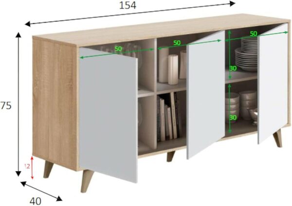 Dmora - Buffet Arvada, Buffet de cuisine, Armoire design de salon, Buffet moderne avec 3 portes et étagères, 154x40h75 cm, Chêne et Blanc