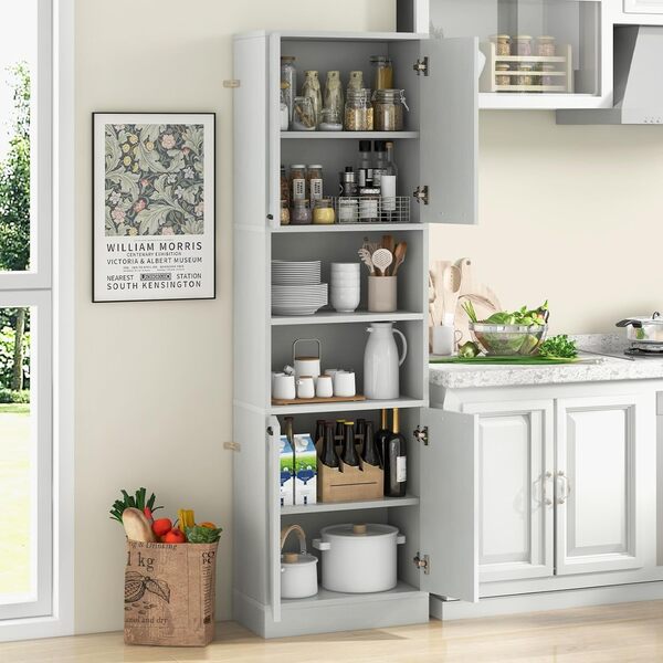 COSTWAY Buffet Cuisine Haut 190 cm, Meuble Cuisine Rangement, 2 Placard Rangement, 2 Doubles Portes, 6 Etagères, Kits Anti-Basculement, Vaisselier, Armoire Rangement pour Salle de Bain (Blanc chêne)