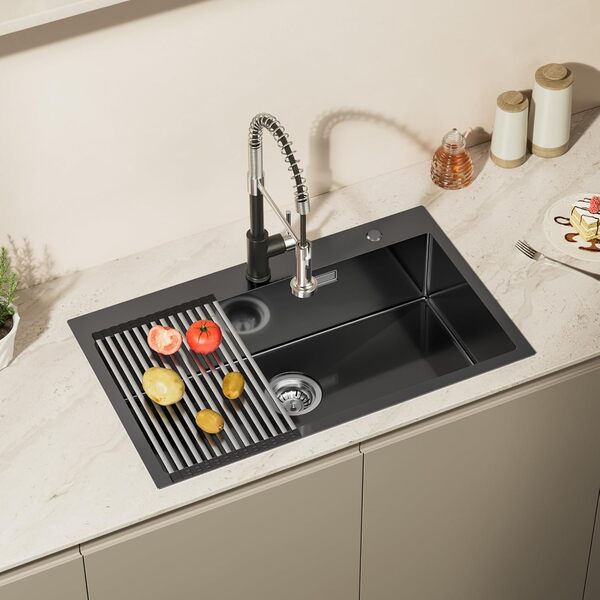 Auralum Evier Cuisine 75 × 45 cm, Evier Cuisine 1 Bac avec Égouttoir et Siphon, Evier Noir Anthracite avec Deux Trous de Montage, Lavabo Cuisine à Encastrer ou à Poser