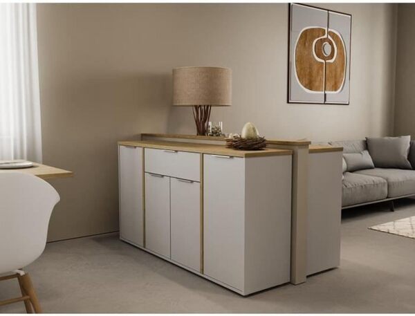 Demeyere Buffet Moderne 4 Portes & 1 Tiroir – Style Scandinave – Coloris Blanc Mat & Chêne Hamilton - 160,7 x 39,6 x 85,6 cm