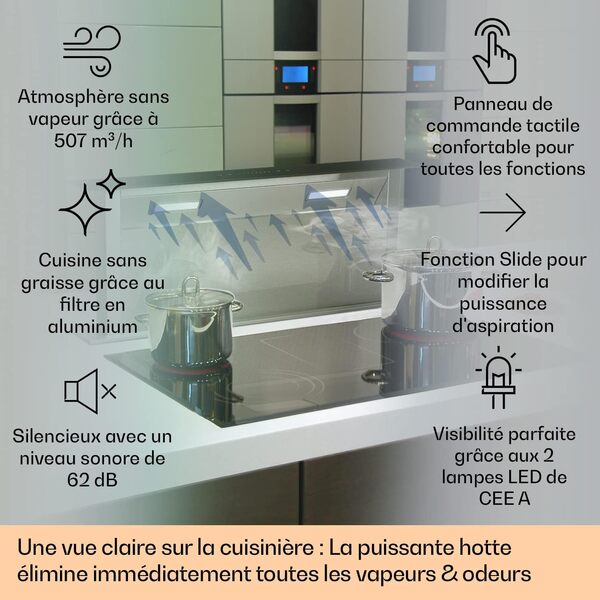 Klarstein Downdraft Hotte Aspirante, Encastrable et Silencieuse pour Cuisine, Débit d'Air 507m³/h, Filtres Inclus, 4 Modes de Ventilation, Mode Recirculation en Option, Minuterie, Sans Evacuation [Classe énergétique D]