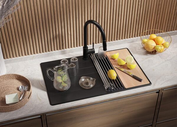 PRIMAGRAN Evier Cuisine en Granit Noir 78x50cm, Lavabo 1 bac + Kit de Vidage + Planche à Découper, Évier à Encastrer al mueble 45cm - Copenhague S140