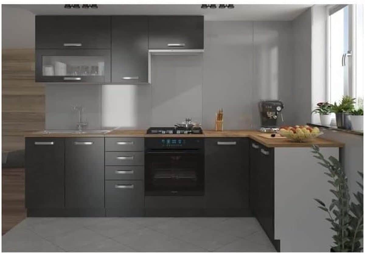 Test cuisine complète d'angle Lassen 240x165 cm : gris Matera, avis détaillé