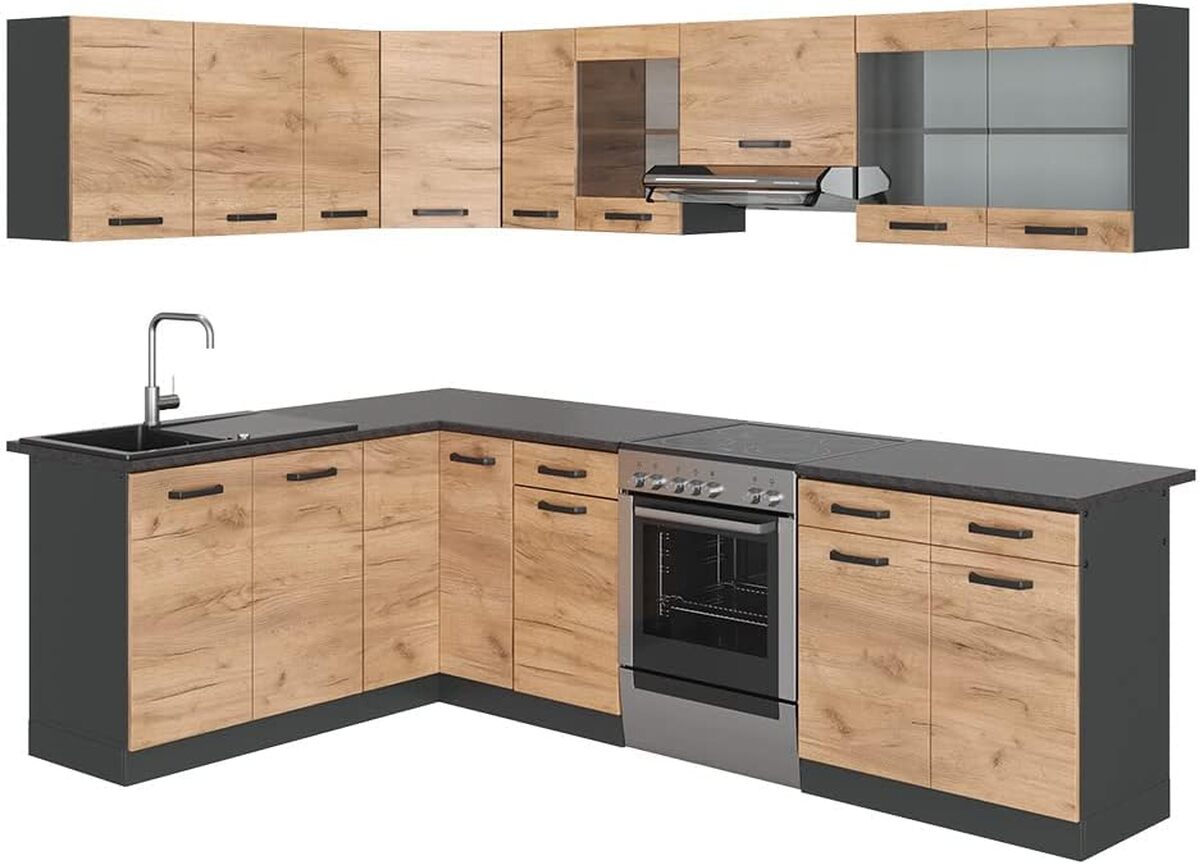 Test de la cuisine d'angle Vicco Rick anthracite/chêne doré 267x167 cm