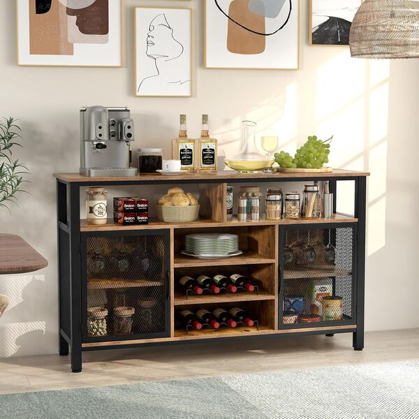 GIANTEX Buffet Cuisine 140 CM, Meuble Cuisine Rangement avec 8 Porte-Bouteilles, 2 Placards, 3 Étagères Ouvertes, Meuble TV avec 2 Armoires et Casiers à Vin 140 x 40 x 82,5 CM (Marron)
