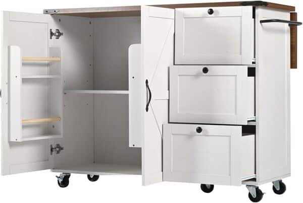 KOMHTOM Îlot de Cuisine Moderne 120 x 45 x 92.5 cm, Chariot de Cuisine avec 3 Tiroirs, 2 Portes, 5 roulettes, Table Pliante et Porte-Serviettes (Blanc-C)